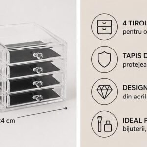 Organizator Cosmetic Transparent cu 3 Sertare – Cutie pentru Machiaj si Bijuterii