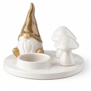 Suport Decorativ pentru Lumânare Livarno – Ceramica Smaltuita cu Pitic si Ciuperci