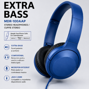 Căști Stereo Extra Bass MDR-100AAP – cu Microfon și Control pe Fir, Jack 3,5 mm, Compatibile Android, iPhone, PC și Tabletă, Albastru