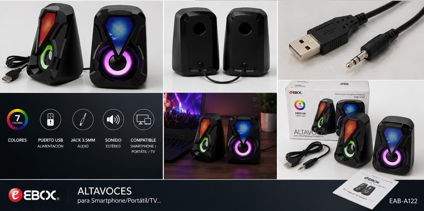 Set Boxe Multimedia EBOX EAB-A122 cu Iluminare LED RGB (7 Culori), Alimentare USB și Jack 3,5 mm, pentru PC, Laptop, TV și Smartphone - imagine 2