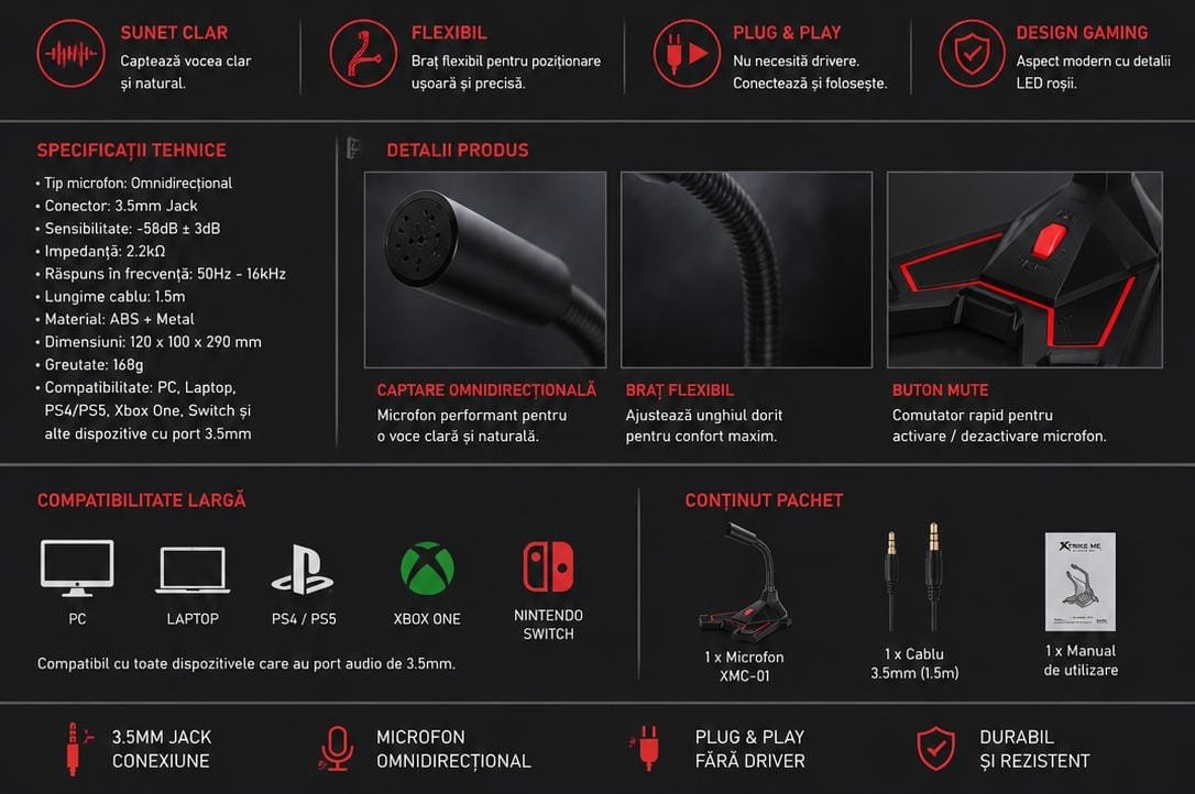 Microfon Gaming Xtrike Me XMC-01 – Jack 3,5 mm, Braț Flexibil, Plug & Play, pentru PC, Laptop și Consolă - imagine 2