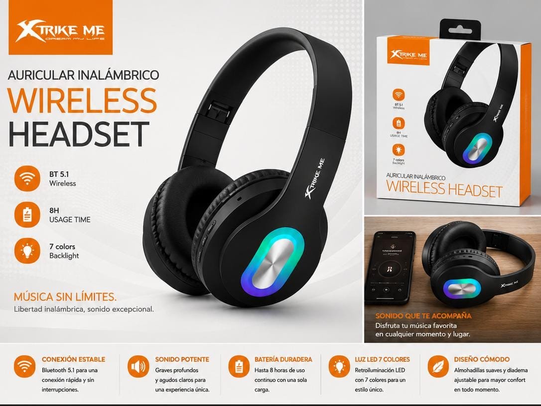 Căști Wireless Xtrike Me – Bluetooth 5.1, Iluminare LED 7 Culori, Autonomie până la 8 Ore, Over-Ear, Negre