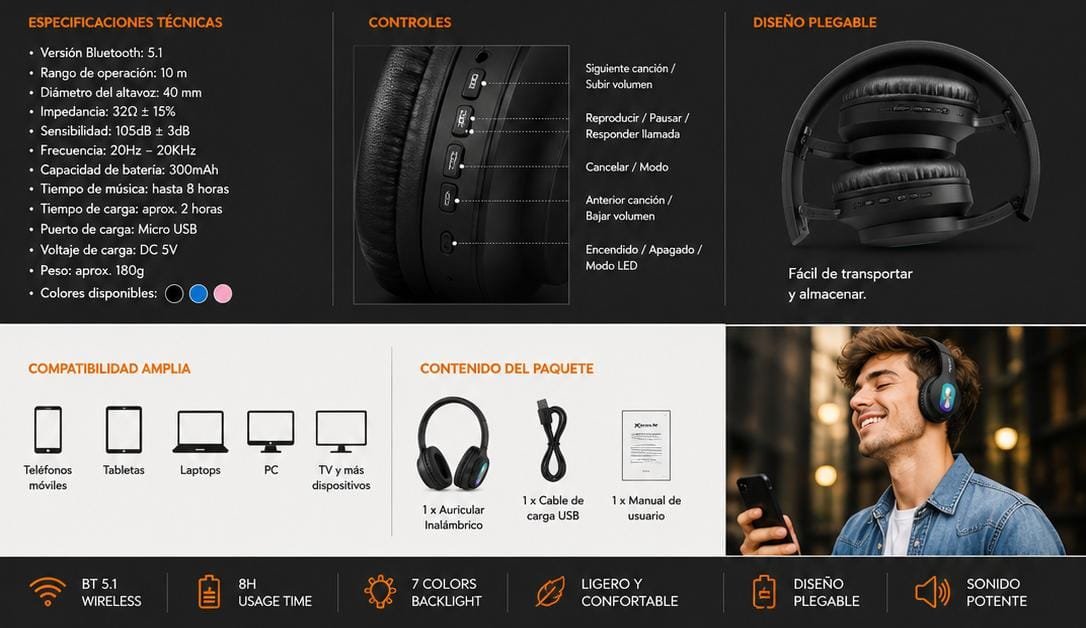 Căști Wireless Xtrike Me – Bluetooth 5.1, Iluminare LED 7 Culori, Autonomie până la 8 Ore, Over-Ear, Negre - imagine 2
