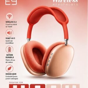 Căști Wireless E9 Over-Ear – Bluetooth, Microfon Integrat, Confort Premium, Compatibile Android, iPhone, PC și Tabletă, Roz