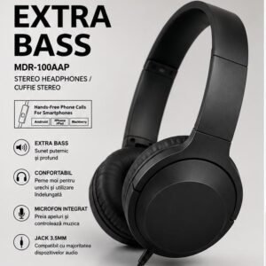 Căști Stereo Extra Bass MDR7845127841005-100AAP – cu Microfon și Control pe Fir, Jack 3,5 mm, Compatibile Android, iPhone, PC și Tabletă, Negru