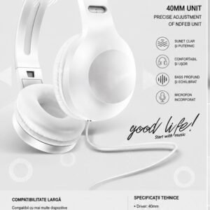 Căști Audio Stereo MD-220AP – Difuzoare 40 mm, Design Over-Ear, Confortabile, cu Fir, Albe