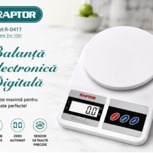 Balanță Electronică de Bucătărie Raptor R-0417 – Afișaj LCD, Funcție Tare (Zero), Precizie 1 g, Capacitate 5 kg, Albă