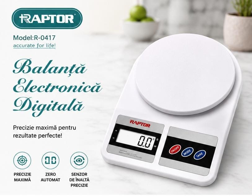 Balanță Electronică de Bucătărie Raptor R-0417 – Afișaj LCD, Funcție Tare (Zero), Precizie 1 g, Capacitate 5 kg, Albă