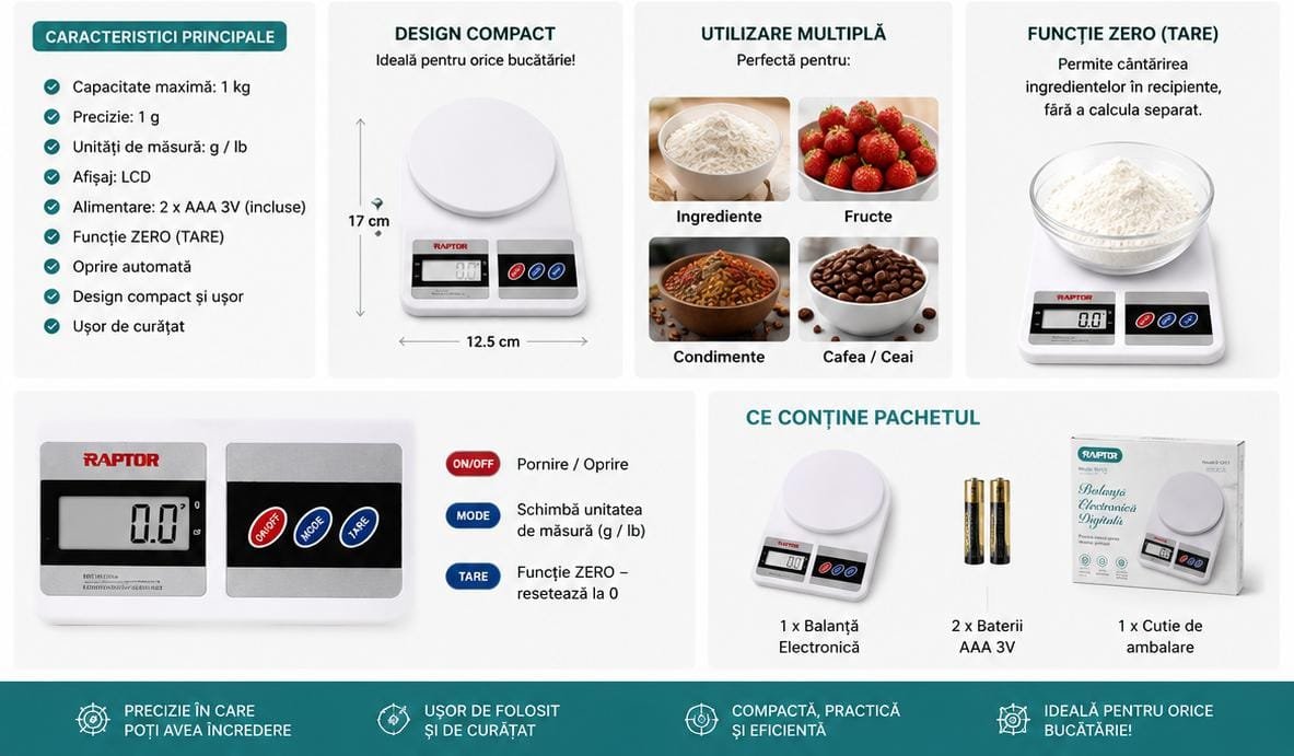 Balanță Electronică de Bucătărie Raptor R-0417 – Afișaj LCD, Funcție Tare (Zero), Precizie 1 g, Capacitate 5 kg, Albă - imagine 3
