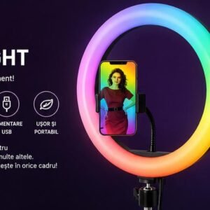 Lampă Ring Light RGB MJ-26, 10 Inch – Iluminare LED Multicolor, Suport Reglabil pentru Telefon, Ideală pentru TikTok, Live Streaming, Selfie și Videocall