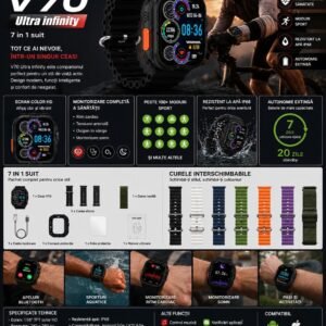 Smartwatch V70 Ultra Infinity – Set cu 7 Curele Interschimbabile Multicolore, Ecran HD, Bluetooth, Monitorizare Activitate și Notificări
