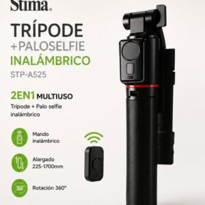 Trepied Selfie Stima Pro STP-A525 2 în 1 – Baston Selfie cu Telecomandă Bluetooth, Extensibil până la 170 cm, Rotire 360°, Compatibil Android și iPhone, Negru