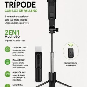 Trepied Selfie Stima Pro 2 în 1 – Baston Selfie cu Lumină LED de Umplere și Telecomandă Bluetooth, Rotire 360°, Compatibil Android și iPhone, Negru