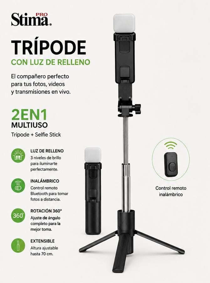 Trepied Selfie Stima Pro 2 în 1 – Baston Selfie cu Lumină LED de Umplere și Telecomandă Bluetooth, Rotire 360°, Compatibil Android și iPhone, Negru