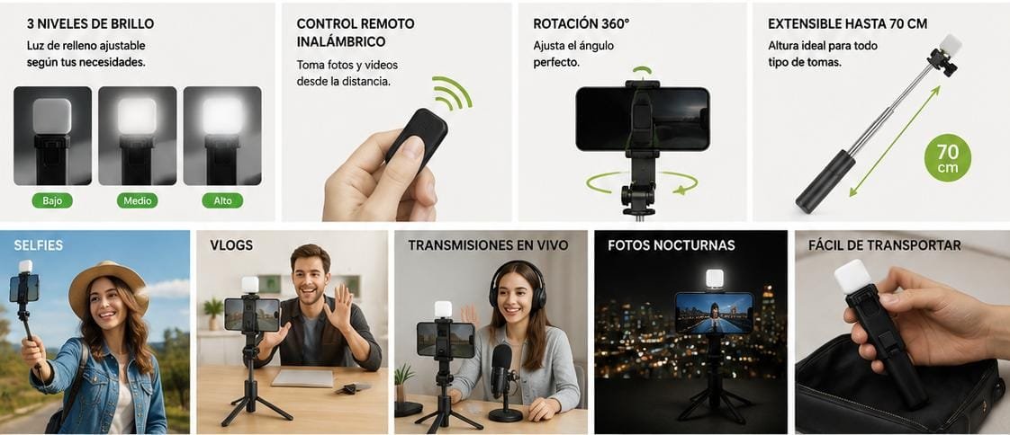 Trepied Selfie Stima Pro 2 în 1 – Baston Selfie cu Lumină LED de Umplere și Telecomandă Bluetooth, Rotire 360°, Compatibil Android și iPhone, Negru - imagine 4