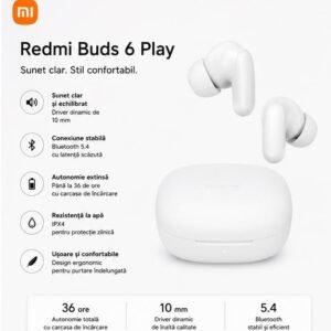 Căști Wireless Xiaomi Redmi Buds 6 Play, Bluetooth 5.4, Microfon Integrat, Control Touch, Carcasă de Încărcare, Albe