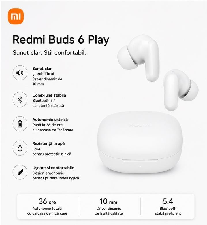 Căști Wireless Xiaomi Redmi Buds 6 Play, Bluetooth 5.4, Microfon Integrat, Control Touch, Carcasă de Încărcare, Albe