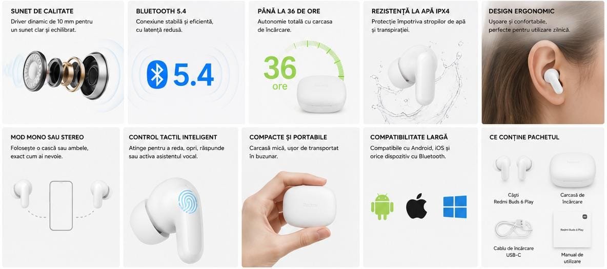 Căști Wireless Xiaomi Redmi Buds 6 Play, Bluetooth 5.4, Microfon Integrat, Control Touch, Carcasă de Încărcare, Albe - imagine 2