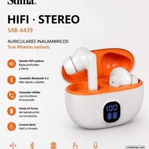 Căști Wireless Bluetooth Pro Stima SAB-A439, HiFi Stereo, TWS, Display LED pentru Nivelul Bateriei, Control Touch, Carcasă de Încărcare – Albe/Portocalii