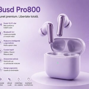 Căști Wireless Bluetooth TWS Busd Pro800, HiFi Stereo, Control Touch, Microfon Integrat, Carcasă de Încărcare, Mov