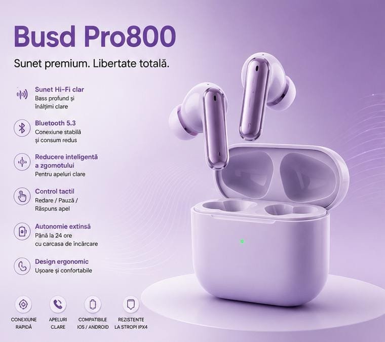 Căști Wireless Bluetooth TWS Busd Pro800, HiFi Stereo, Control Touch, Microfon Integrat, Carcasă de Încărcare, Mov
