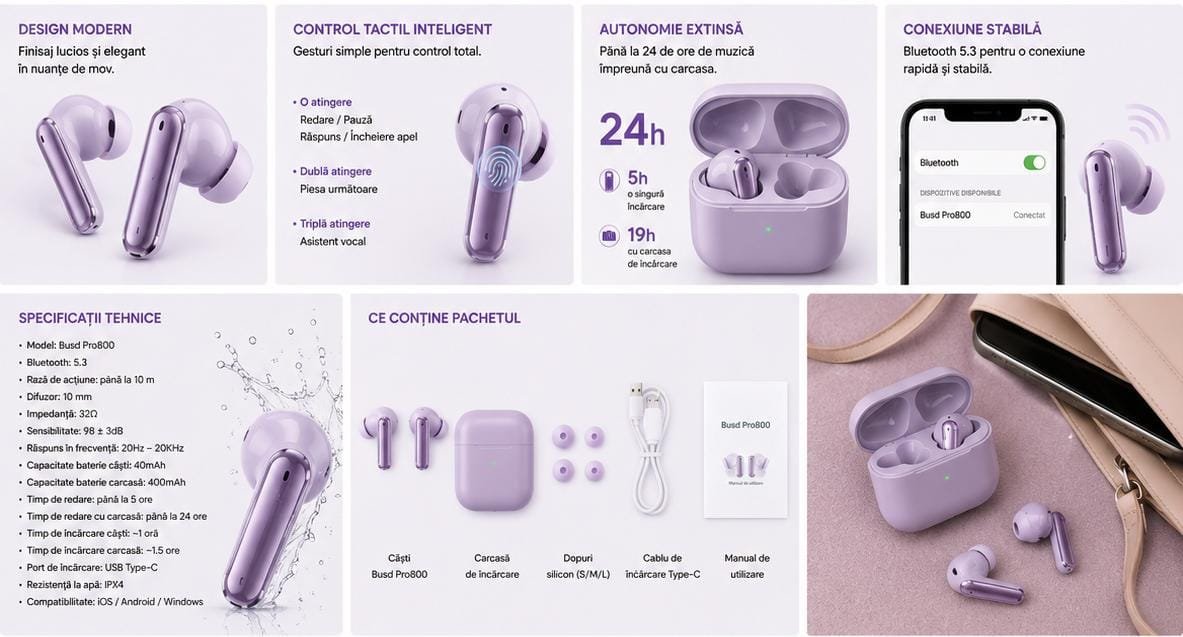 Căști Wireless Bluetooth TWS Busd Pro800, HiFi Stereo, Control Touch, Microfon Integrat, Carcasă de Încărcare, Mov - imagine 2