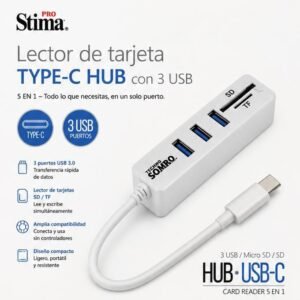 Hub USB-C Pro Stima 5 în 1 cu 3 Porturi USB 3.0, Cititor Card SD și MicroSD (TF), Adaptor Type-C pentru Laptop, PC și Telefon