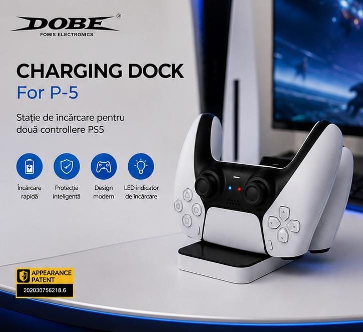 Stație de Încărcare Dobe pentru Controler PlayStation 5 (PS5), Charging Dock Rapid, Suport de Încărcare pentru DualSense, Negru/Alb