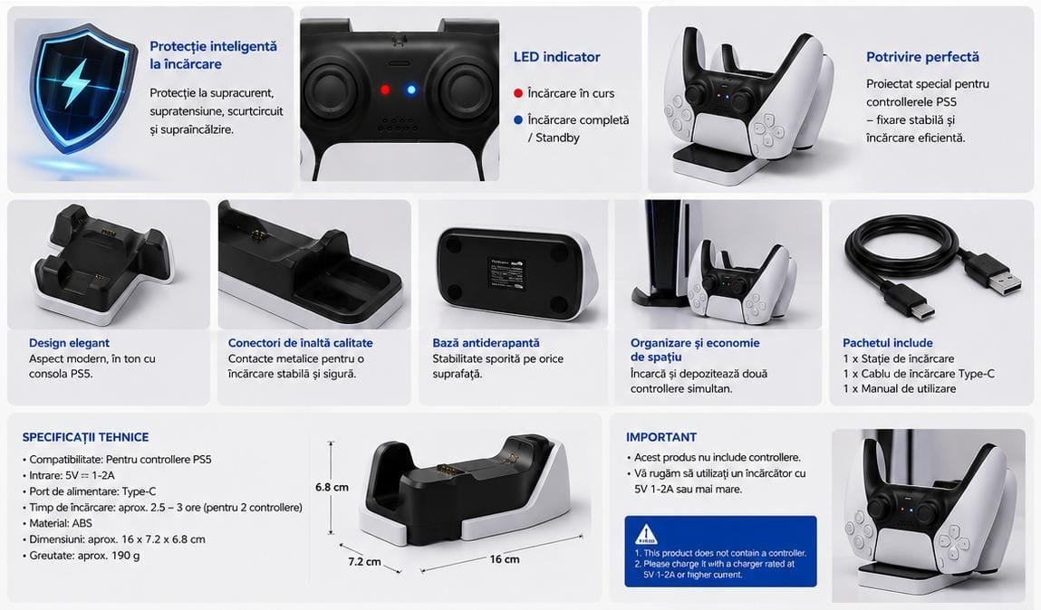 Stație de Încărcare Dobe pentru Controler PlayStation 5 (PS5), Charging Dock Rapid, Suport de Încărcare pentru DualSense, Negru/Alb - imagine 4