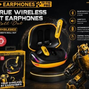 Căști Wireless Bluetooth TWS TF-T10 Pro Transformers Bumblebee Edition, HiFi Stereo, Control Touch, Carcasă de Încărcare cu LED RGB, pentru Gaming și Muzică – Galben/Negru
