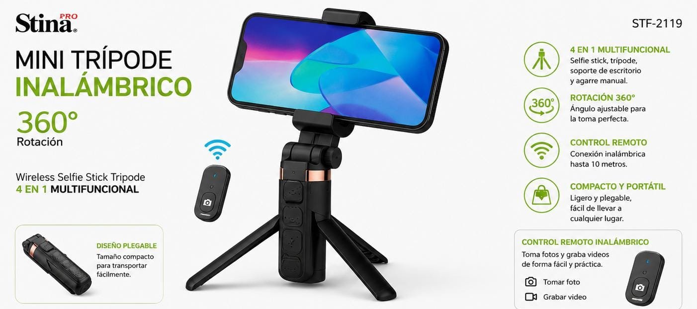 Mini Trepied Selfie Pro Stima STF-2119, Stick Selfie Wireless Bluetooth 4 în 1, Rotire 360°, Telecomandă Detașabilă, Suport pentru Telefon – Negru