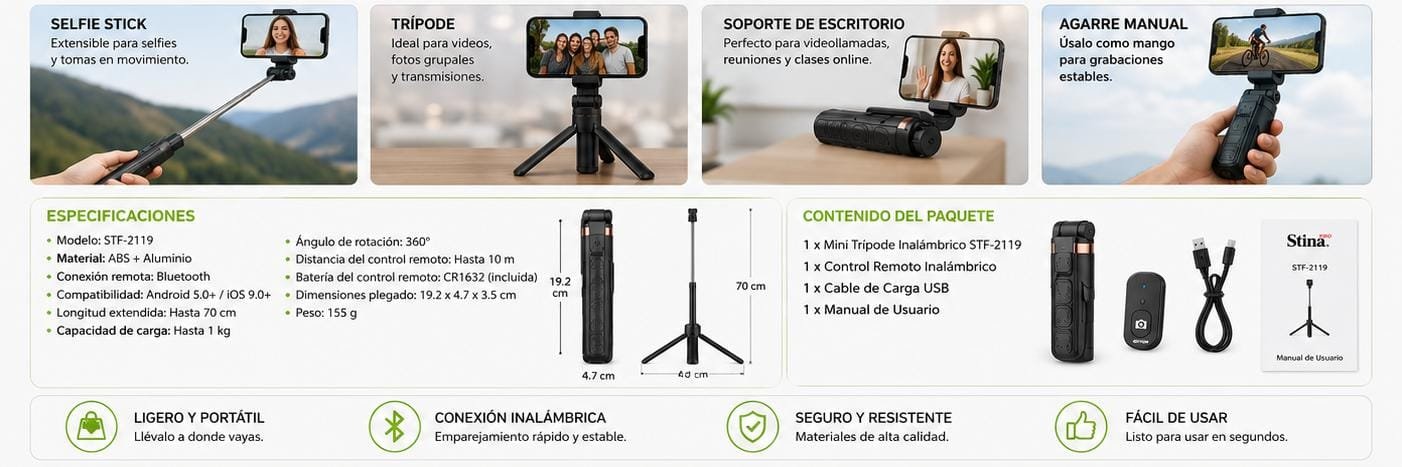Mini Trepied Selfie Pro Stima STF-2119, Stick Selfie Wireless Bluetooth 4 în 1, Rotire 360°, Telecomandă Detașabilă, Suport pentru Telefon – Negru - imagine 3