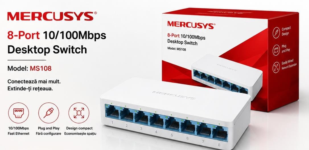Switch de Rețea Mercusys MS108 cu 8 Porturi Fast Ethernet 10/100 Mbps, Desktop, Plug & Play, Carcasă Compactă – Alb