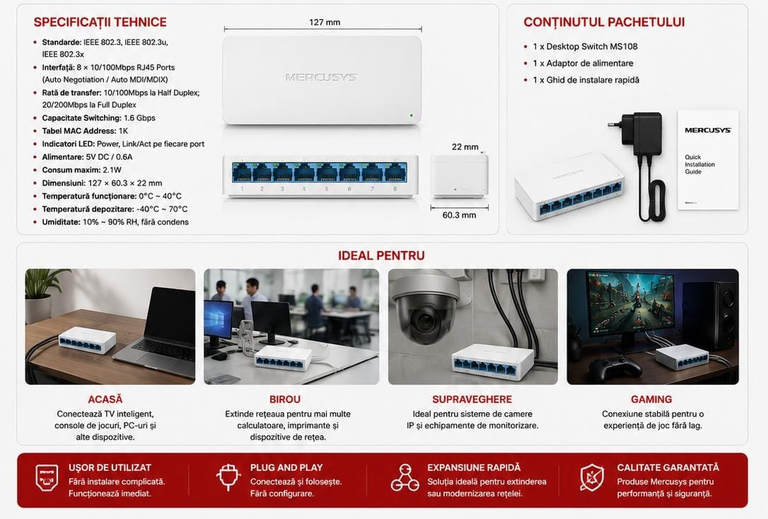 Switch de Rețea Mercusys MS108 cu 8 Porturi Fast Ethernet 10/100 Mbps, Desktop, Plug & Play, Carcasă Compactă – Alb - imagine 2