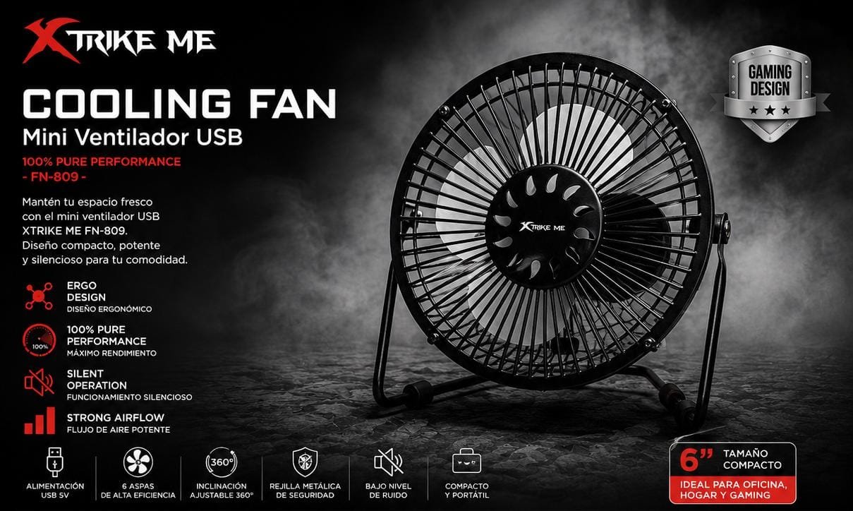 Mini Ventilator USB XTRIKE ME FN-809, Portabil, Silențios, Alimentare USB, Ideal pentru Birou, Gaming și Laptop, Negru