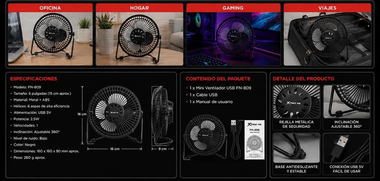 Mini Ventilator USB XTRIKE ME FN-809, Portabil, Silențios, Alimentare USB, Ideal pentru Birou, Gaming și Laptop, Negru - imagine 3