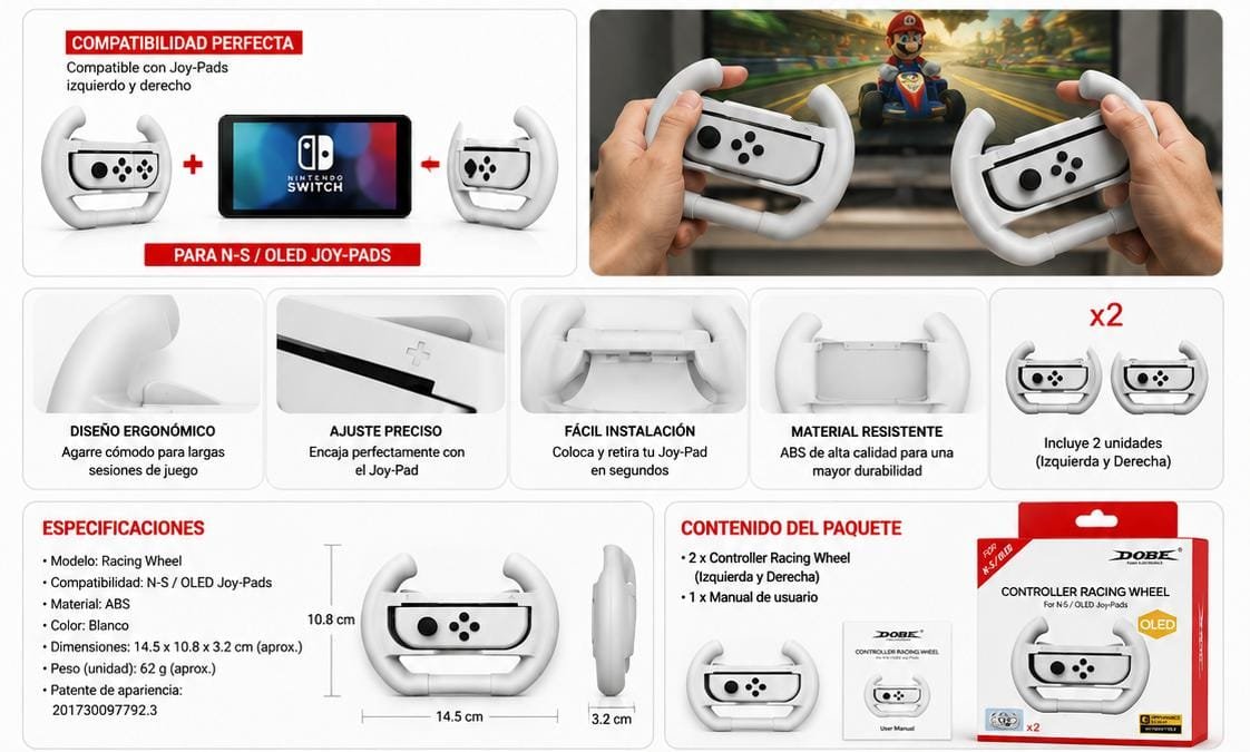 Set 2 Volane DOBE pentru Joy-Con Nintendo Switch și Switch OLED – Controller Racing Wheel, Compatibile, Negre - imagine 2