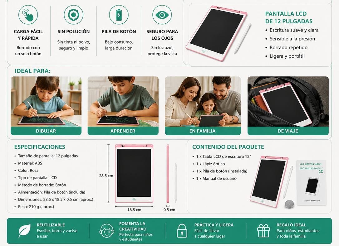 Tabletă LCD pentru Scris și Desen Baihuo 12" – Reutilizabilă, cu Stylus Inclus, Roz - imagine 3