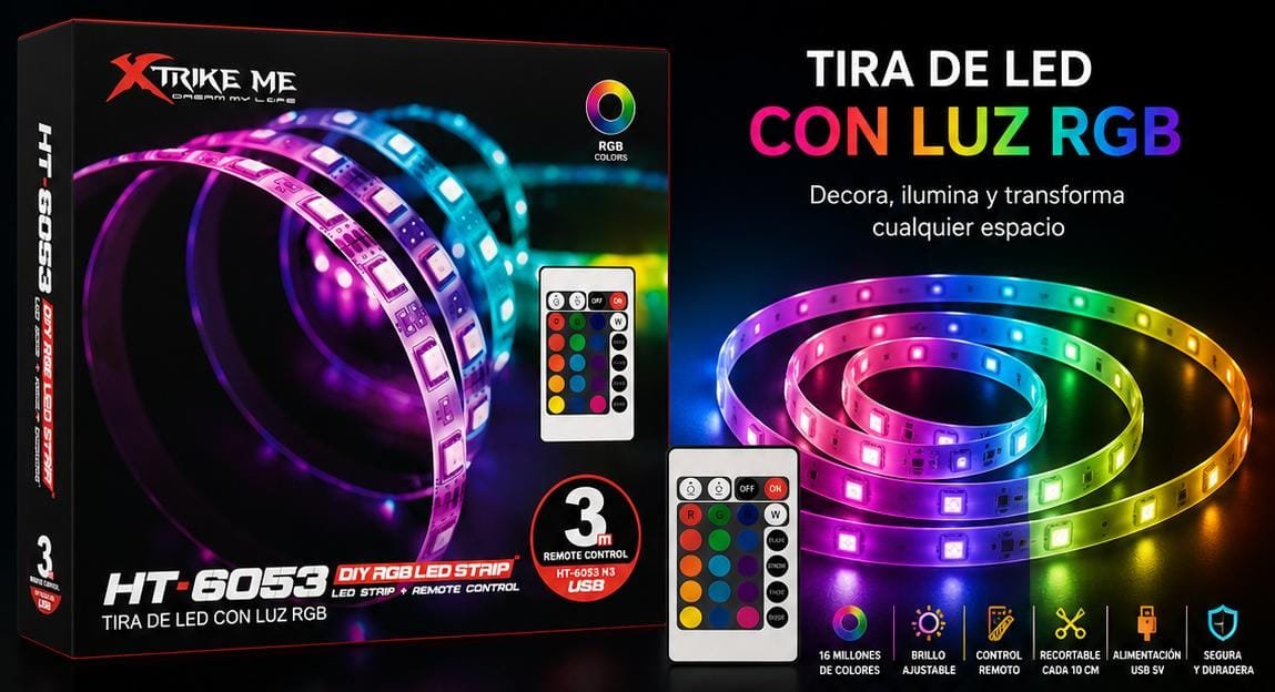 Bandă LED RGB XTRIKE ME HT-6053, 3 m, USB, cu Telecomandă, Iluminare Multicoloră pentru TV, PC și Cameră