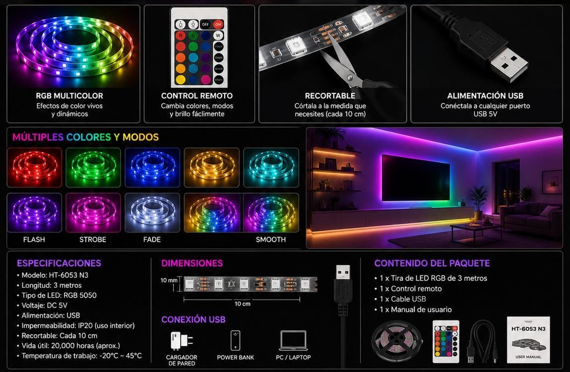 Bandă LED RGB XTRIKE ME HT-6053, 3 m, USB, cu Telecomandă, Iluminare Multicoloră pentru TV, PC și Cameră - imagine 3