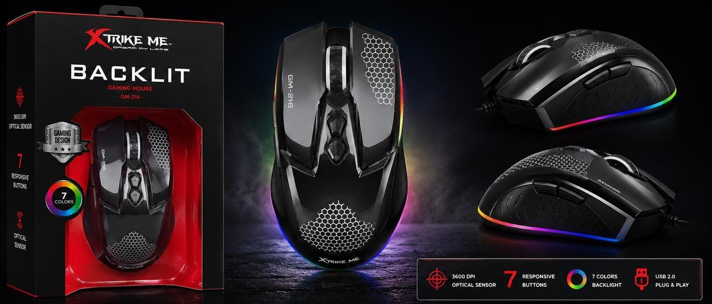 Mouse Gaming XTRIKE ME GM-216 – Iluminare RGB 7 Culori, 3600 DPI, 7 Butoane, Senzor Optic, Negru