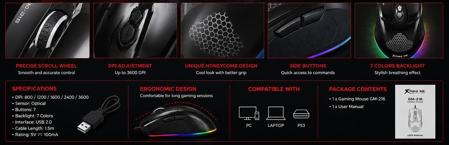 Mouse Gaming XTRIKE ME GM-216 – Iluminare RGB 7 Culori, 3600 DPI, 7 Butoane, Senzor Optic, Negru - imagine 2