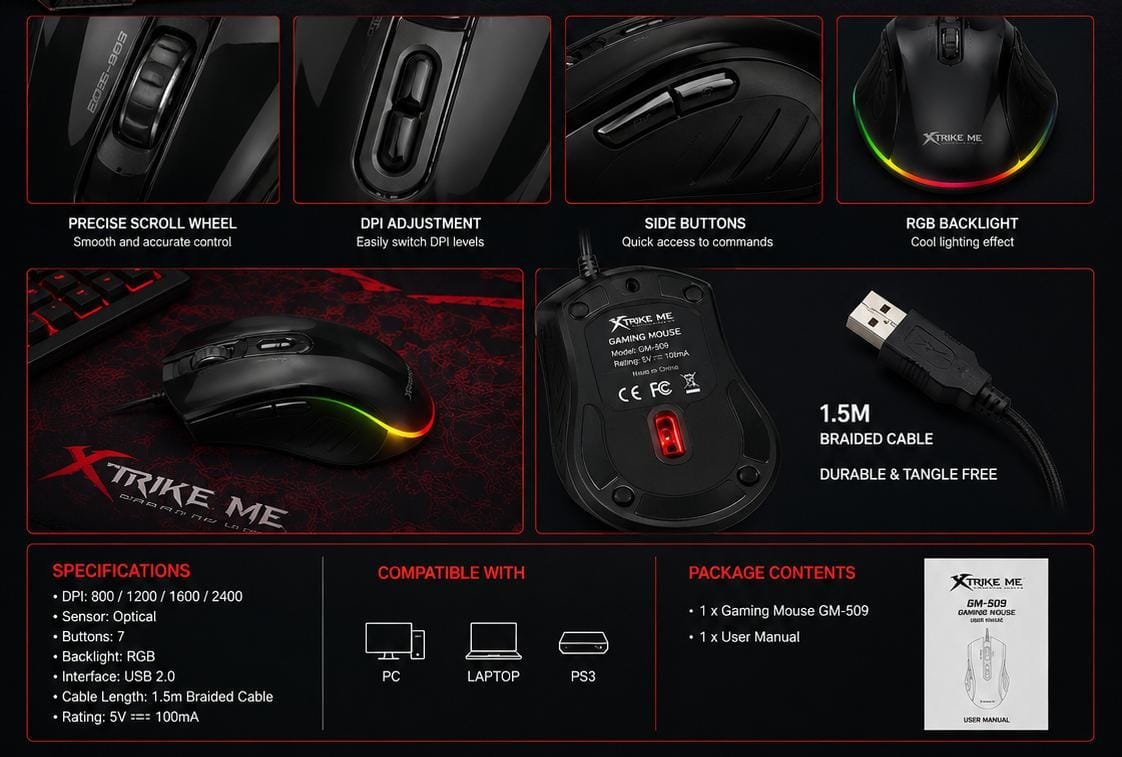 Mouse Gaming XTRIKE ME GM-509 – 2400 DPI, RGB Backlight, 7 Butoane, Senzor Optic, Negru - imagine 2