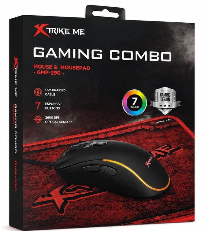 Set Gaming XTRIKE ME GMP-290 – Mouse Gaming RGB 3600 DPI + Mouse Pad, 7 Butoane, Iluminare 7 Culori, Negru