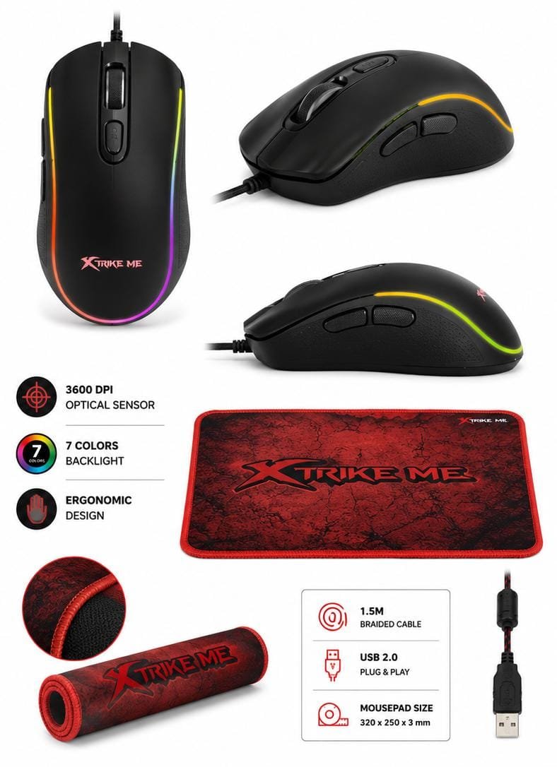 Set Gaming XTRIKE ME GMP-290 – Mouse Gaming RGB 3600 DPI + Mouse Pad, 7 Butoane, Iluminare 7 Culori, Negru - imagine 3