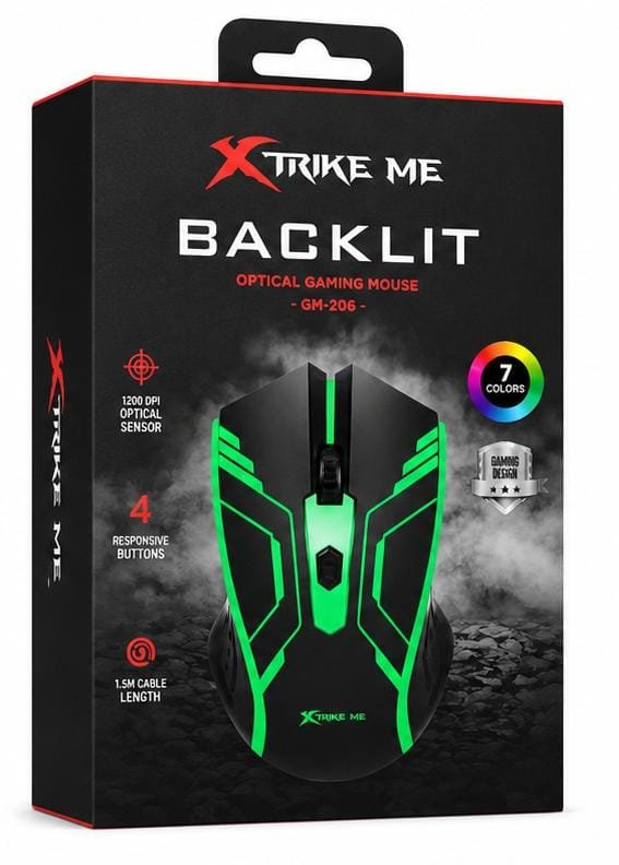 Mouse Gaming XTRIKE ME GM-206 – 1200 DPI, Iluminare RGB 7 Culori, 4 Butoane, Senzor Optic, Negru/Verde