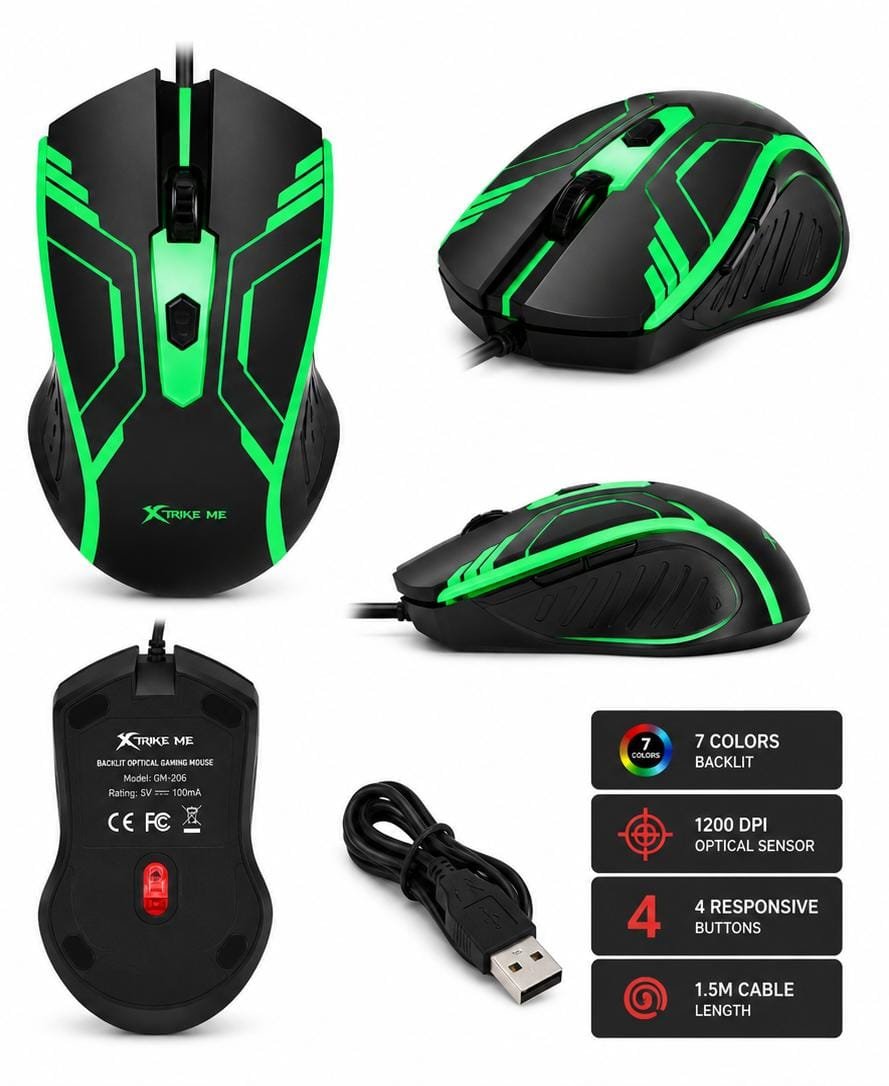 Mouse Gaming XTRIKE ME GM-206 – 1200 DPI, Iluminare RGB 7 Culori, 4 Butoane, Senzor Optic, Negru/Verde - imagine 3