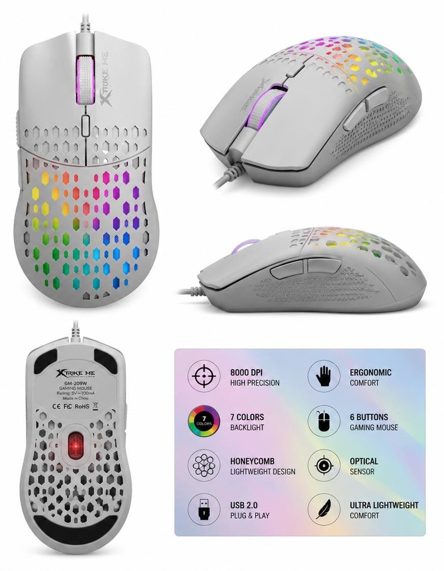 Mouse Gaming XTRIKE ME GM-209W – 8000 DPI, Iluminare RGB 7 Culori, Design Honeycomb Ultra-Ușor, Alb - imagine 3