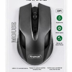 Mouse optic Raptor cu fir USB, ergonomic, senzor optic, până la 1600 DPI, compatibil Windows/Mac/Linux, Gri
