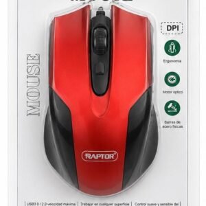 Mouse optic Raptor cu fir USB, ergonomic, senzor optic, până la 1600 DPI, compatibil Windows/Mac/Linux, Roșu